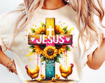 Jesus och kycklingar PNG, digital design för kycklingälskare, Jesusälskare PNG, sublimeringsdesign för landsbygdsflicka som älskar kycklingar
