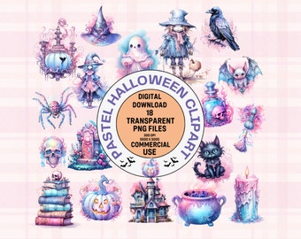 Pastel Watercolor Halloween Cute Ghost Witch Bat Clipart Bundle of 18, Transparent Background Digital Download PNG Graphics Commercial Use