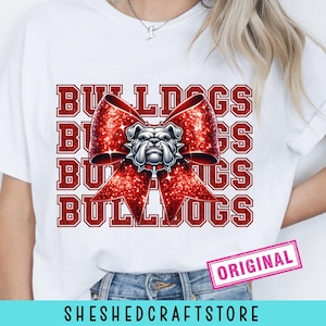 Bulldogs School Team Mascot Bow Shirt PNG, Glitter Red Team Football, Cheer, School Spirit, Game Day, Sport Mom Shirt Sublimation Design