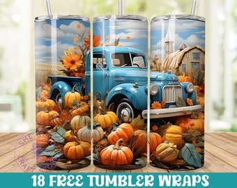 3D Pumpkin Patch With Vintage Blue Truck Fall 20oz Tumbler Designs, 20oz Skinny Tumbler, Digital Download PNG, Straight Tumbler Wrap