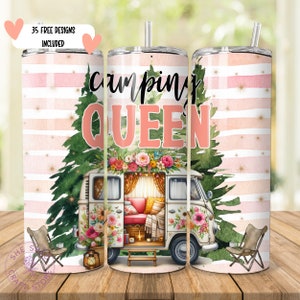 Camping Queen Tumbler Wrap, 20oz Skinny Sublimation Tumbler Design, Seamless Camping Sublimation Design, Boho Camper Tumbler Png Downloads