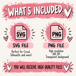 May include: A digital file listing graphic with the text WHAT'S INCLUDED and YOU WILL RECEIVE HIGH QUALITY FILES. It features icons for an SVG file and a PNG file, decorated with pink watercolor-style brush strokes and white heart illustrations.
