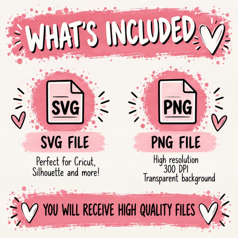 May include: A digital file listing graphic with the text WHAT'S INCLUDED and YOU WILL RECEIVE HIGH QUALITY FILES. It features icons for an SVG file and a PNG file, decorated with pink watercolor-style brush strokes and white heart illustrations.