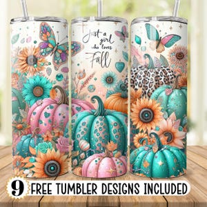 May include: Three stainless steel tumblers with a fall theme. The tumblers feature a pink, teal, and leopard print pumpkin design with butterflies, sunflowers, and the text "Just a girl who loves Fall".