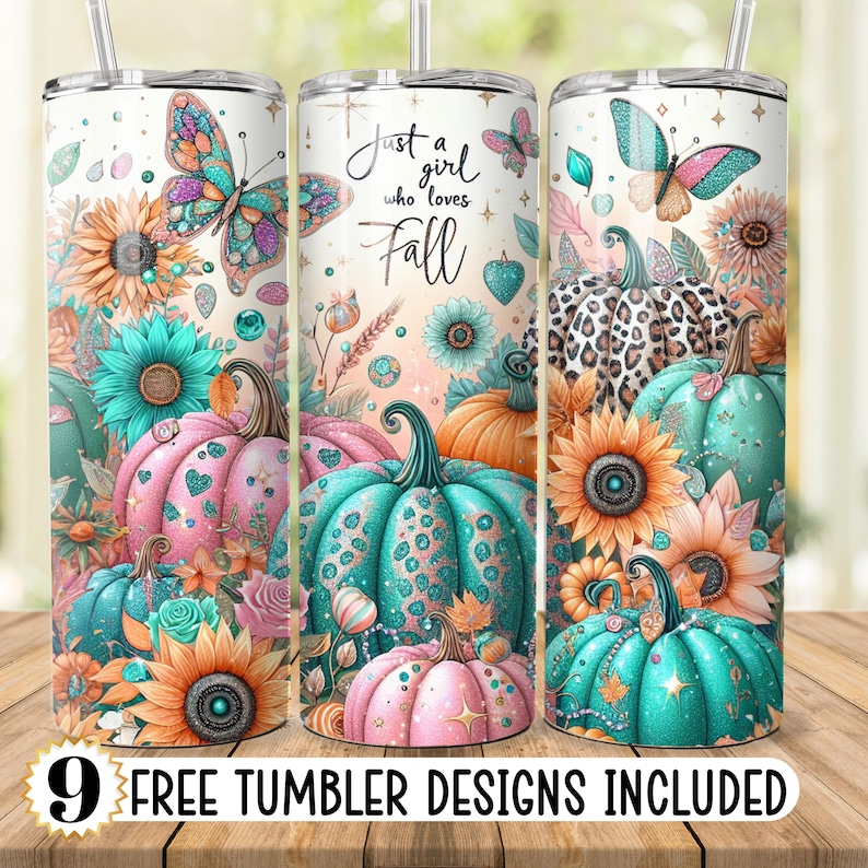 May include: Three stainless steel tumblers with a fall theme. The tumblers feature a pink, teal, and leopard print pumpkin design with butterflies, sunflowers, and the text "Just a girl who loves Fall".
