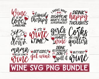 Paquete de citas sobre vino en formato Svg, Svg de vino, Svg de bebida, citas sobre vino, copa de vino en formato Svg, citas divertidas, atrevidas, refranes sobre vino, PNG, Eps, imágenes prediseñadas, Cricut
