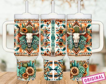 Boho Aztec 40 Unzen Tumbler Wrap, 40 Unzen Western Bull Geschicklichkeit Sublimationsdesign, rustikales Aquarell Kaktus Stammesmuster Tumbler Wrap Png