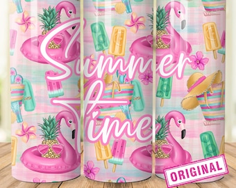 Pink Flamingo Tumbler Wrap, Summer Time Tumbler, 20 Oz Skinny Tumbler Sublimation Design, Summer Digital Download, Beach Tumbler Png