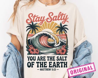 Stay Salty png, retro christelijk strandsublimatieontwerp, Matthew 5:13 png, Salt of the Earth-shirt afdrukbaar, op geloof gebaseerde surfen png, DTF DTG