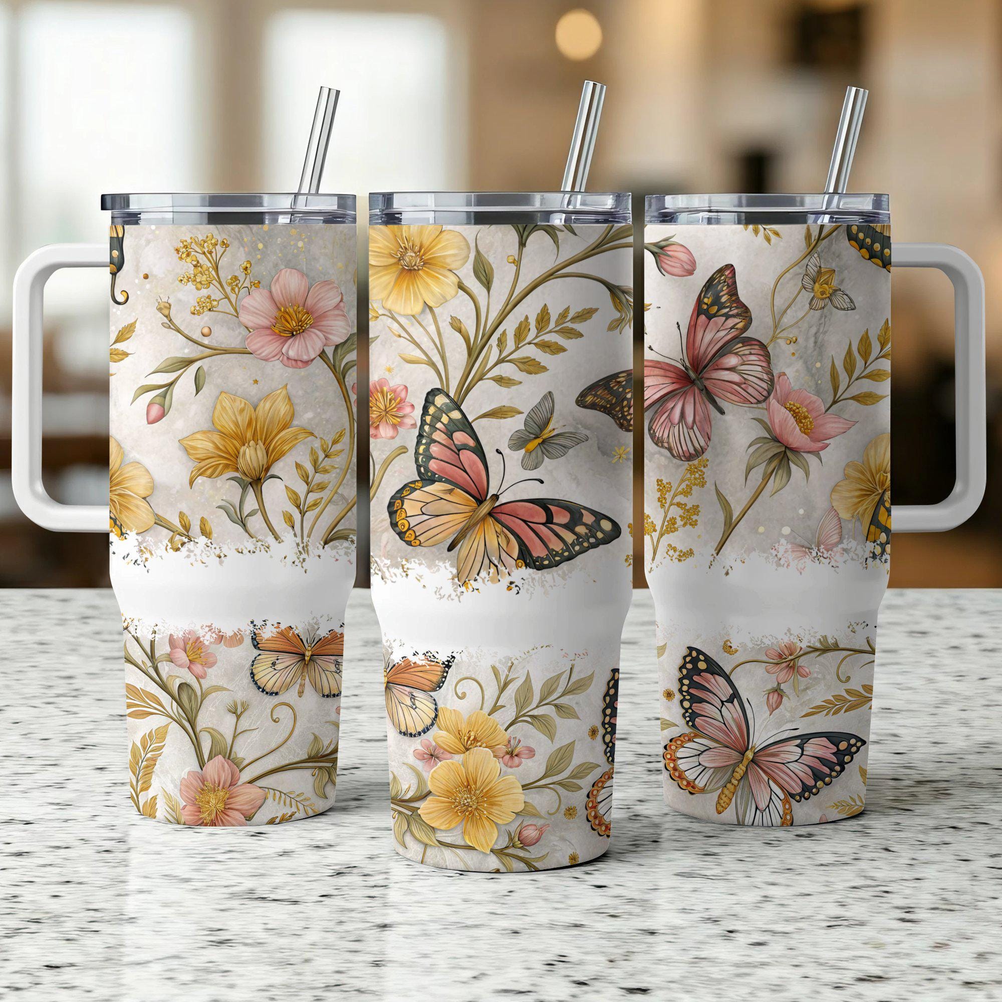 Floral Butterfly 40oz Tumbler Wrap, Butterflies Sublimation