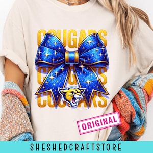 Cougars School Team Mascot Bow Shirt PNG, Royal Blue Team Football, Cheer, School Spirit, Game Day, Sport Mom Shirt Sublimation Design