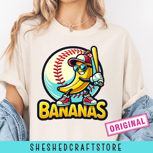 Let&#39;s Go Bananas Baseball PNG Sports Team Mascot Funny Banana Playing Baseball Sublimation Digital Download Printable Shirt Apparel