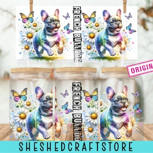 Französische Bulldogge 16 Unze Glasverpackung, Glasdesign Png, 16 Unze Glasdose Png, Hundeglasdose Sublimation, digitaler Download Png