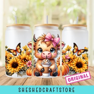 Baby Highland Cow Libbey Glass Wrap, Sunflowers Fall Tumbler Sublimation Design PNG, Floral 16 Oz Glass Can Wrap PNG, Digital Download
