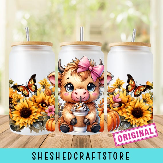 Baby Highland Cow Libbey Glass Wrap, Sunflowers Fall Tumbler Sublimation Design PNG, Floral 16 Oz Glass Can Wrap PNG, Digital Download