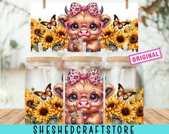 Baby Highland Cow Libbey Glass Wrap, Sunflowers Fall Tumbler Sublimation Design PNG, leopard Floral 16 Oz Glass Can Wrap, Digital Download