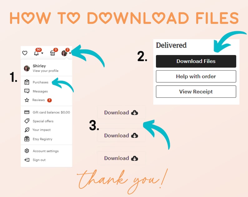 May include: A graphic illustration showing how to download files on Etsy. The steps are numbered 1, 2, and 3. Step 1 shows a menu with options like Purchases, Messages, Reviews, and Sign Out. Step 2 shows a button that says "Download Files". Step 3 shows a cloud icon with the word "Download" next to it.