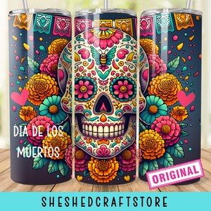 Vaso delgado de 20 oz con diseño de calavera de azúcar vintage de Halloween, diseño de sublimación, PNG, arte floral colorido, tradición mexicana, DIA De Los MUERTOS