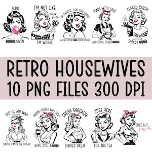 レトロな生意気なPNGバンドル、トレンディなレトロな主婦PNG、レトロなクリップアートバンドル、Tシャツやトートバッグ用の昇華デザイン、皮肉なレトロな女性