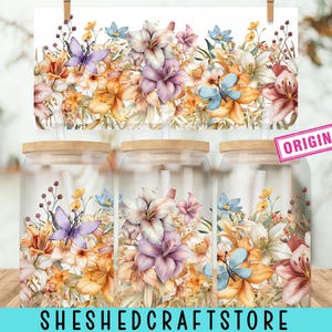 Boho Flowers 16oz Libbey Glass Can Sublimation Design, Floral and Butterflies Glass Can Wrap, Boho Tumbler Wrap, PNG File Digital Download
