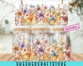 Boho Flowers 16oz Libbey Glass Can Sublimation Design, Floral and Butterflies Glass Can Wrap, Boho Tumbler Wrap, PNG File Digital Download