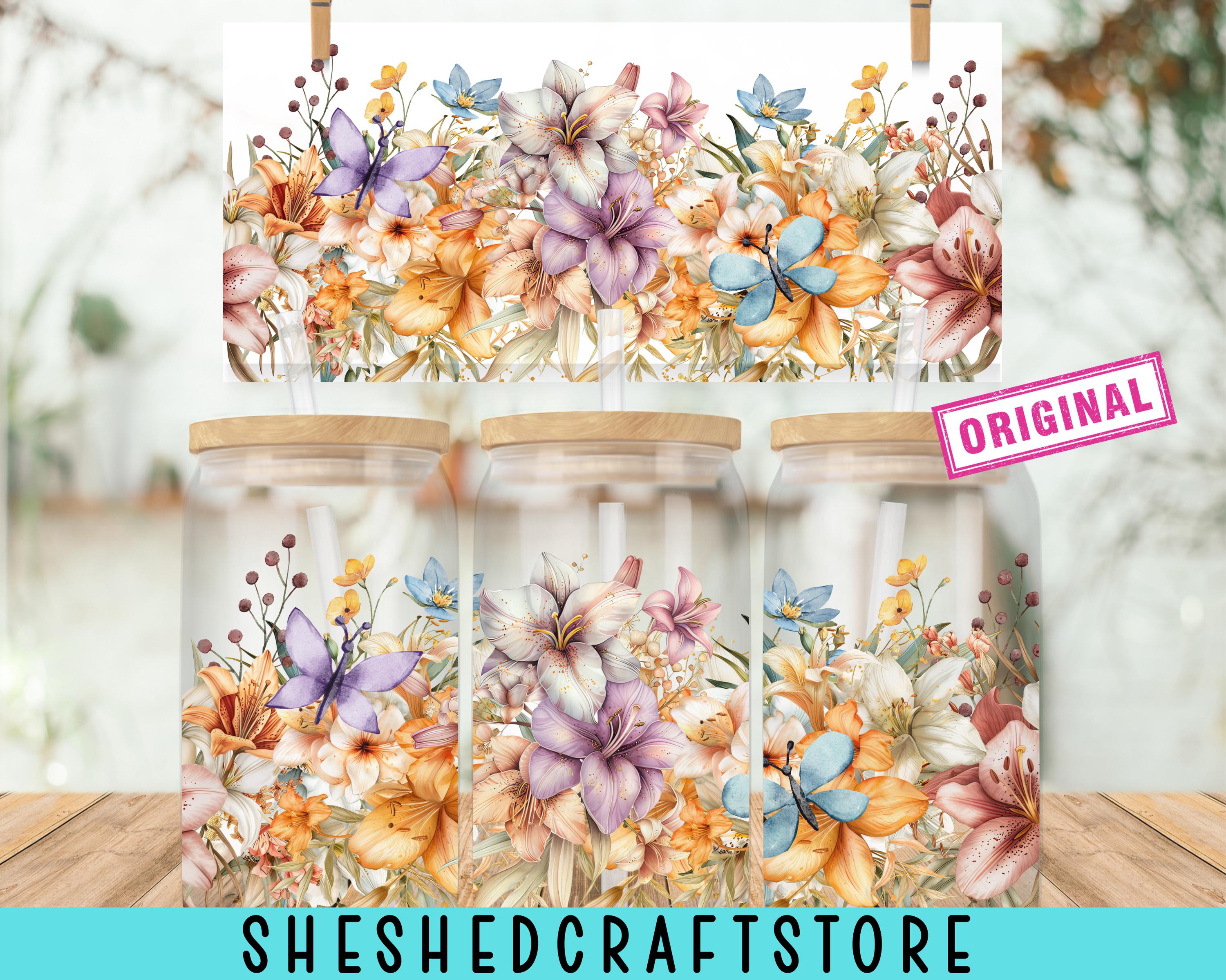 Boho Flowers 16oz Libbey Glass Can Sublimation Design, Floral and ...