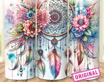 Boho Floral Dreamcatcher Tumbler Wrap, 20oz Skinny Sublimation Design (PNG)