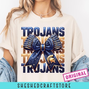 Trojans School Team Mascot Bow Shirt PNG, Navy and Gold Team Football, Cheer, School Spirit, Game Day, Sport Mom Shirt Sublimation Design