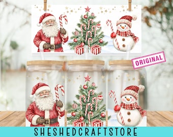Christmas Santa 16oz glass can sublimation design Snowmen Christmas tree and snowflakes Glass can wrap PNG wrap download