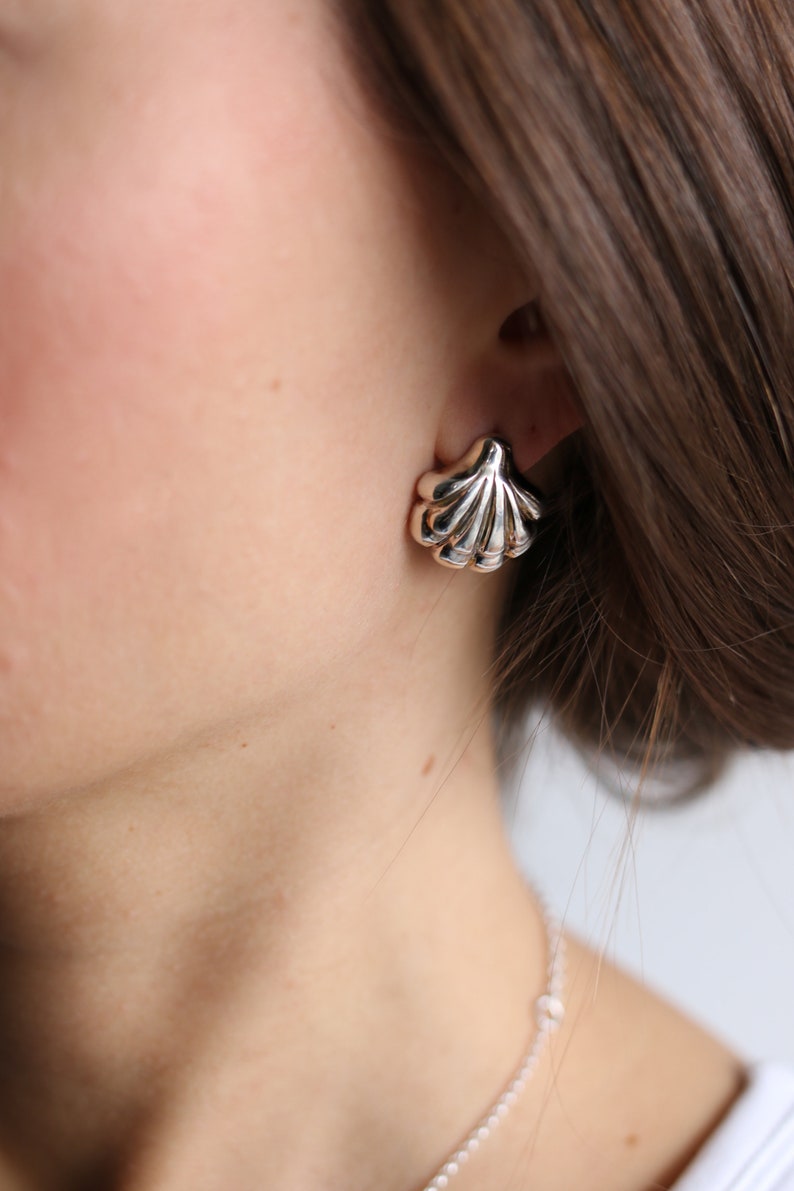 seashell stud silver earrings, ocean earrings, shell earrings, sea shell earrings, beach jewelry, gold shell stud earrings, mermaid core image 3