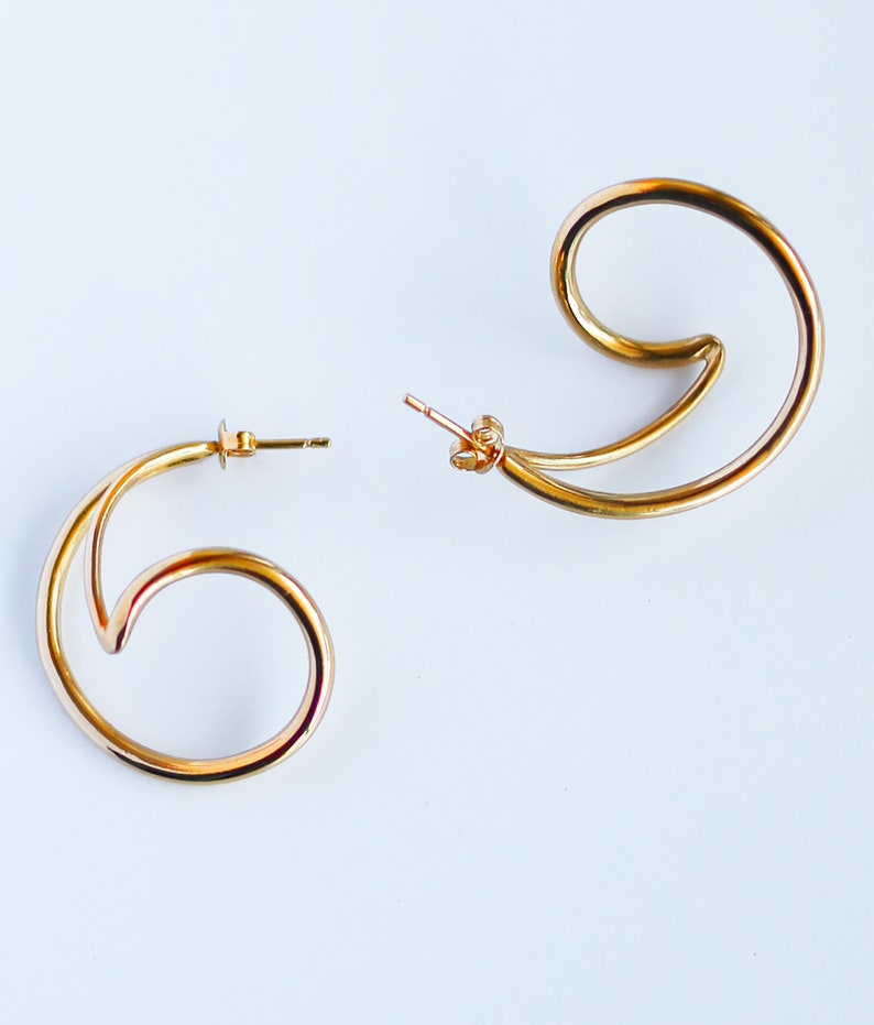 Ocean wave earrings, minimalist spiral earrings, geometric hoop earrings, minimalist sea jewelry, vermeil statement earrings, golden section image 5