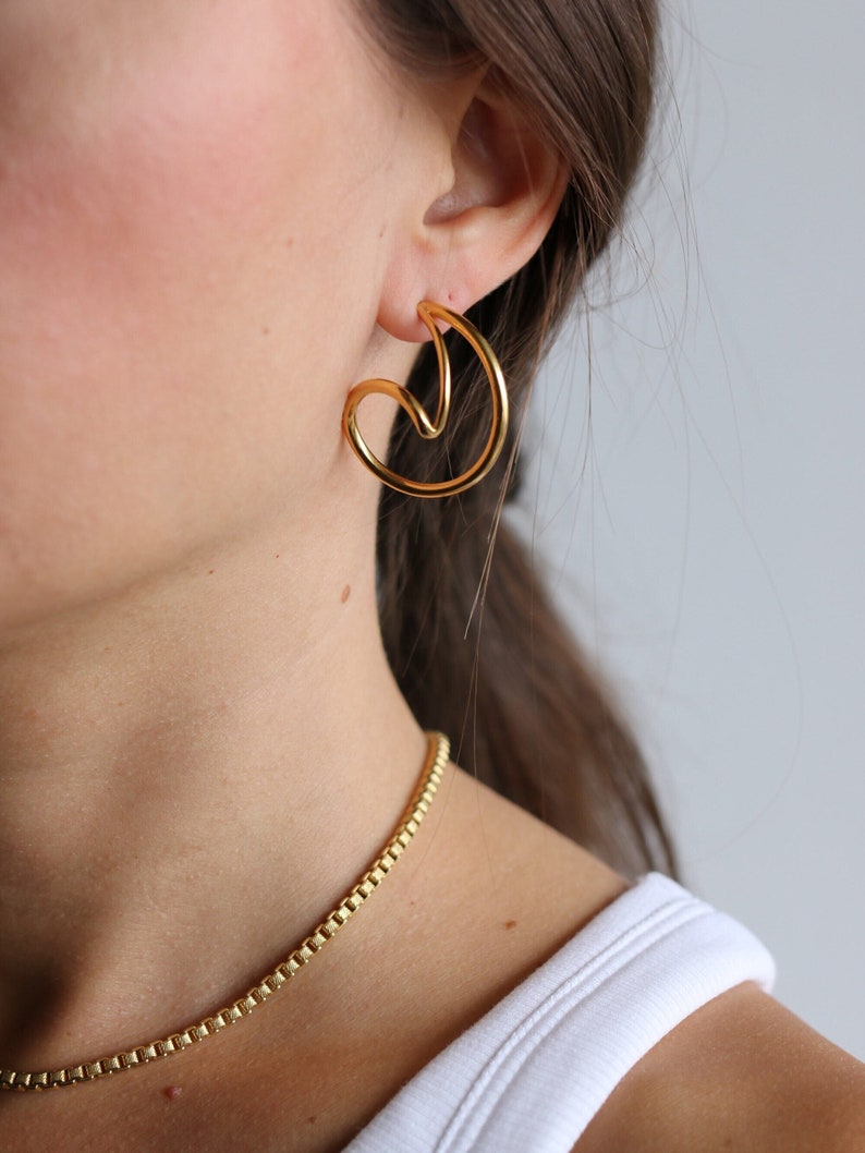 Ocean wave earrings, minimalist spiral earrings, geometric hoop earrings, minimalist sea jewelry, vermeil statement earrings, golden section image 1