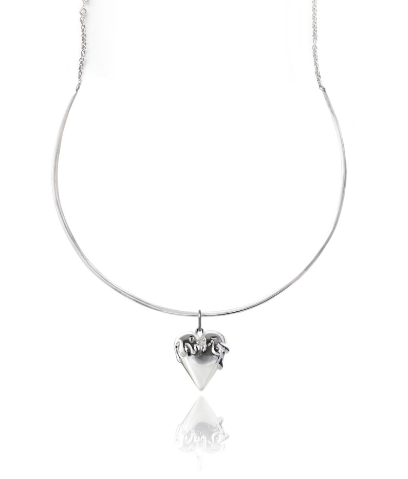 heart pendant necklace, heart jewelry, melting heart silver, puff heart pendant, chunky heart necklace, liquid metal, heart choker necklace image 2