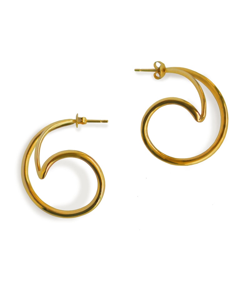 Ocean wave earrings, minimalist spiral earrings, geometric hoop earrings, minimalist sea jewelry, vermeil statement earrings, golden section image 2