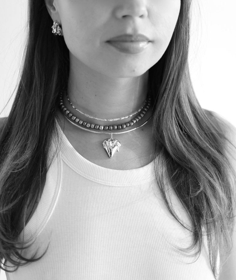 heart pendant necklace, heart jewelry, melting heart silver, puff heart pendant, chunky heart necklace, liquid metal, heart choker necklace image 3