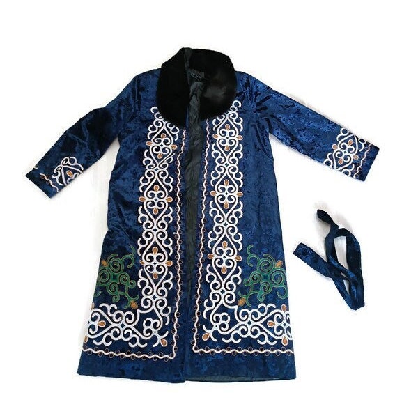 Mens ethnic wear Kazakhstan Chinggis Khan winter outdoor longer robe coat Chapan Shapan size xl-xxl blue