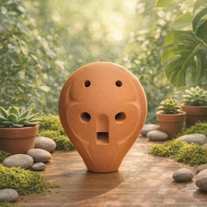 Op de afbeelding: Een terracotta-kleurige ocarina met een gladde, ronde vorm, voorzien van vier vingergaten en een centraal mondstuk. Het muziekinstrument heeft een matte afwerking en een symmetrisch ontwerp en staat rechtop als een enkel keramisch object.
