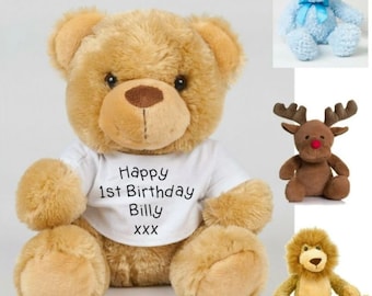 Personalise Teddy Bear-Custom Teddy Bear-Printed Personal Message-Small Medium Large Soft Teddy-Print Text Logo's-1st Birthday Xmas Gift