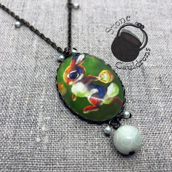 Collier Cabochon Lapins Beatrix Potter - 25mm - Acier Argenté 56-60 Cm