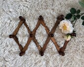 Vintage Accordion Peg Rack Dark Brown Wood Peg Rack Bohemian Accordion Rack Stained Wood Hat Holder