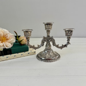 Vintage Silver Candelabra Small Graduated Candlestick Holder Ornate Silverplated Candle with Three Arms Decorative Candleholder for Table