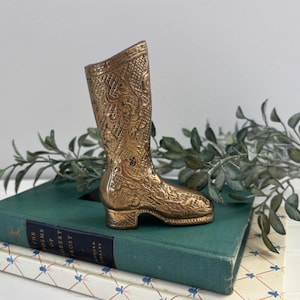 Vintage Brass Cowboy Boot with Ornate Design Small Gold Boot Lover Gift Cowgirl Boot Decor Western Brass Shoe Vase for Small Flower Bouquet