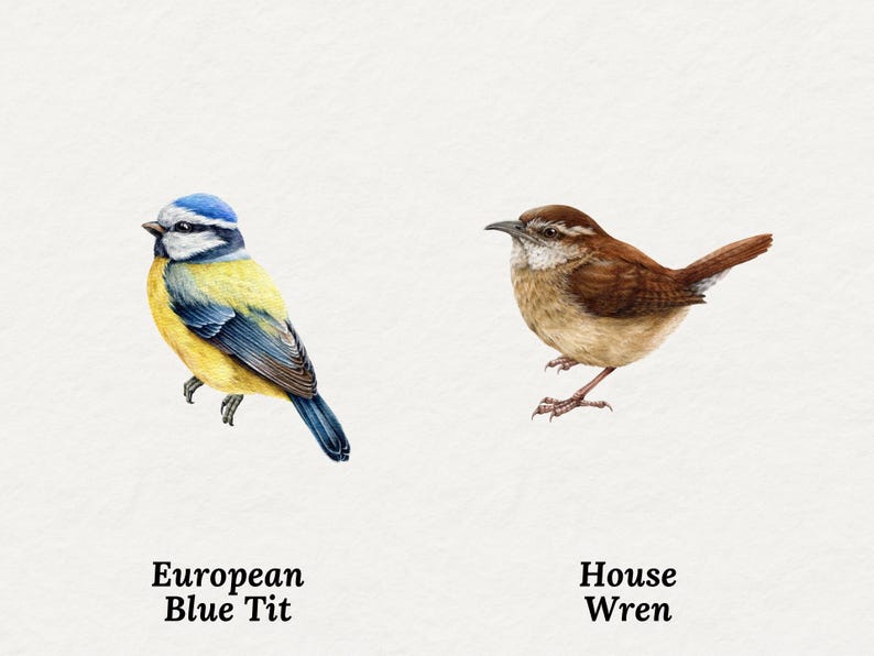 May include: Watercolor illustration of two birds on a white background. A European Blue Tit with blue, yellow, and black plumage is on the left. A House Wren, brown and tan, is on the right. Text below each bird identifies the species.