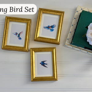 May include: Three framed bird art prints with gold frames. Each print features a different watercolor bird in flight, with blue, red, and green hues. The set is titled "Flying Bird Set" in a white oval.