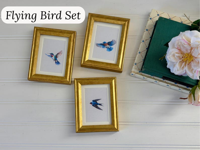 May include: Three framed bird art prints with gold frames. Each print features a different watercolor bird in flight, with blue, red, and green hues. The set is titled "Flying Bird Set" in a white oval.