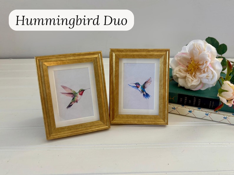 May include: Two framed hummingbird art prints. The frames are gold-colored with a rectangular shape. The art prints feature watercolor paintings of hummingbirds in flight, showcasing vibrant colors of red, green, blue, and pink. The text "Hummingbird Duo" is at the top.
