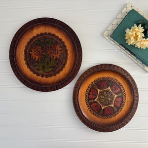 Vintage Wood Plate Wall Hanging Set of Two Handmade Wooden Plates Decorative Wall Hangings Made in Poland Two Ornate Etched Wood Wall Decor