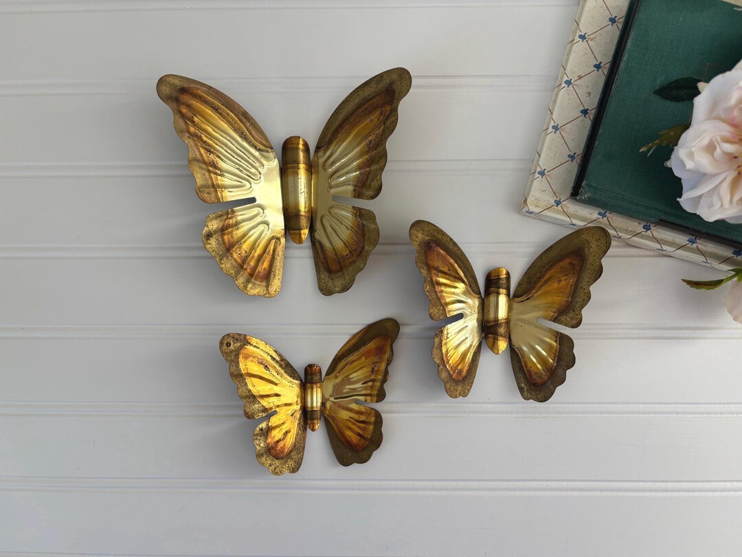 Vintage Brass Butterfly Wall Art Set of 3 Gold Metal Wall Butterflies ...