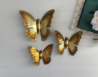 Vintage Brass Butterfly Wall Art Set of 3 Gold Metal Wall Butterflies Three Decorative Butterfly MCM Nursery Decor Gold Gallery Wall Accent