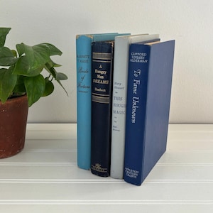 Vintage boekenset kleine boekenbundel Set van vier boeken Vintage oud blauw boekdecor met harde kaft antieke boekenstapel oude blauwe boekenplankdecoratie